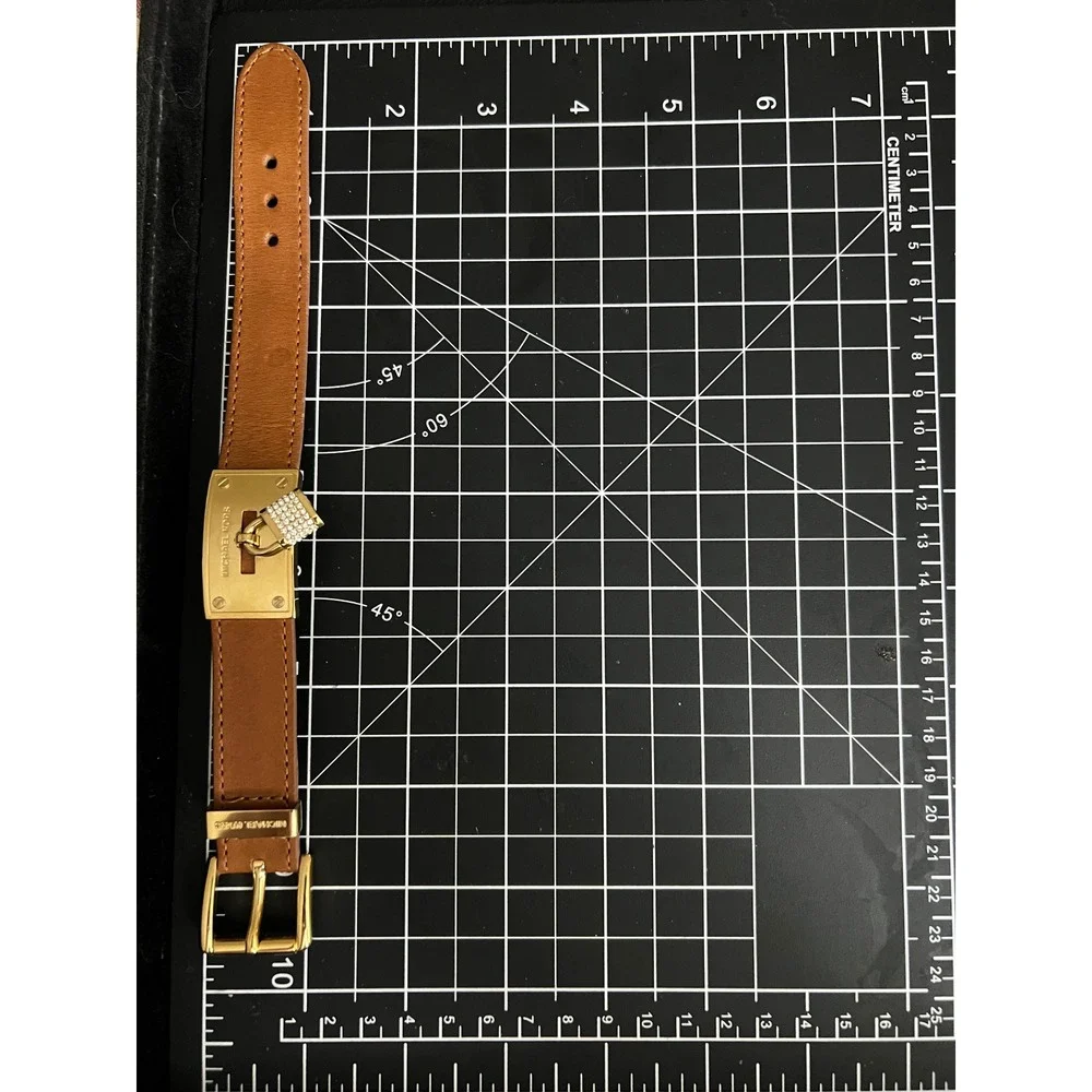 Michael Kors Brown Leather Gold Padlock Crystal Cuff Bracelet Size Medium Preppy